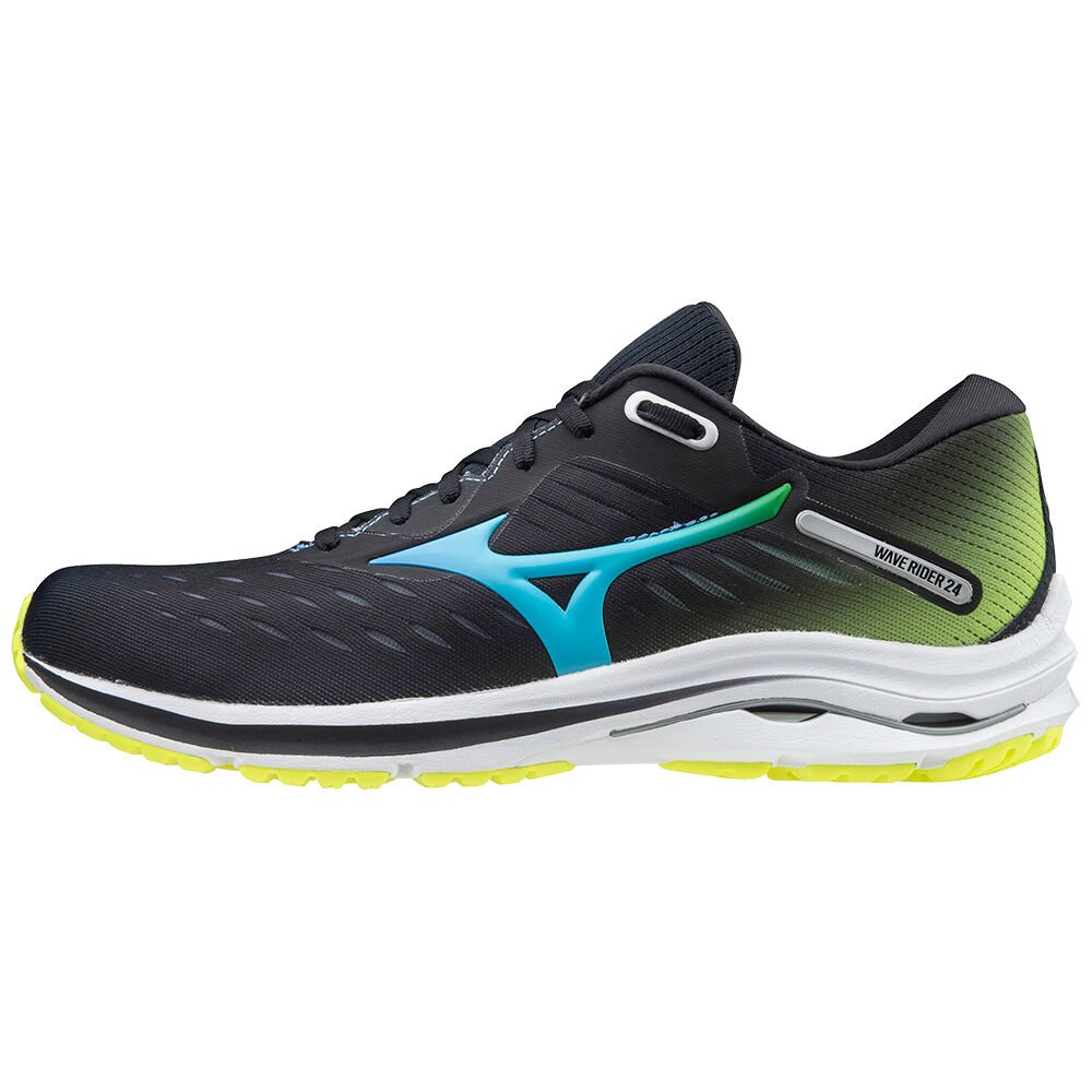 Mizuno Wave Rider 24 - Bayan Koşu Ayakkabısı - Siyah/Mavi Turkuaz/Sarı Türkiye (DICWAX-837)